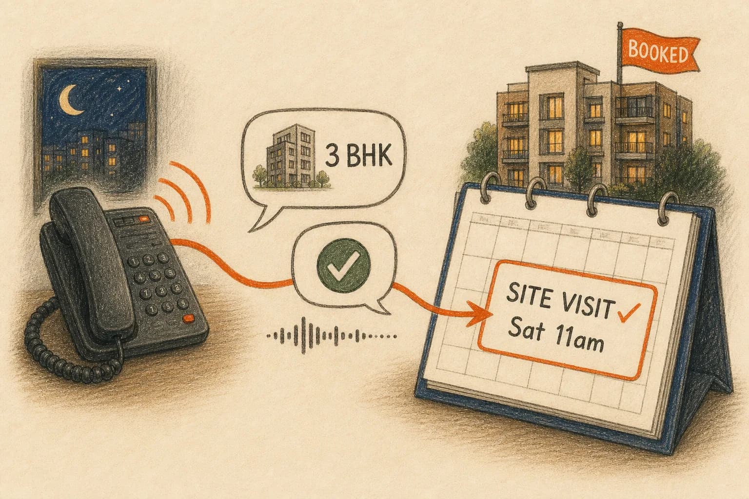 A night-time call to an AI agent becomes a booked Saturday site visit for a 3 BHK apartment