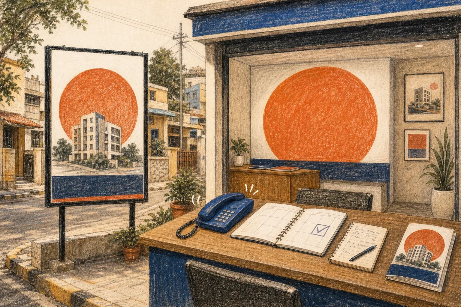 A crayon illustration of a property launch poster and matching sales kiosk with a ringing phone, campaign brochure, and checked appointment diary