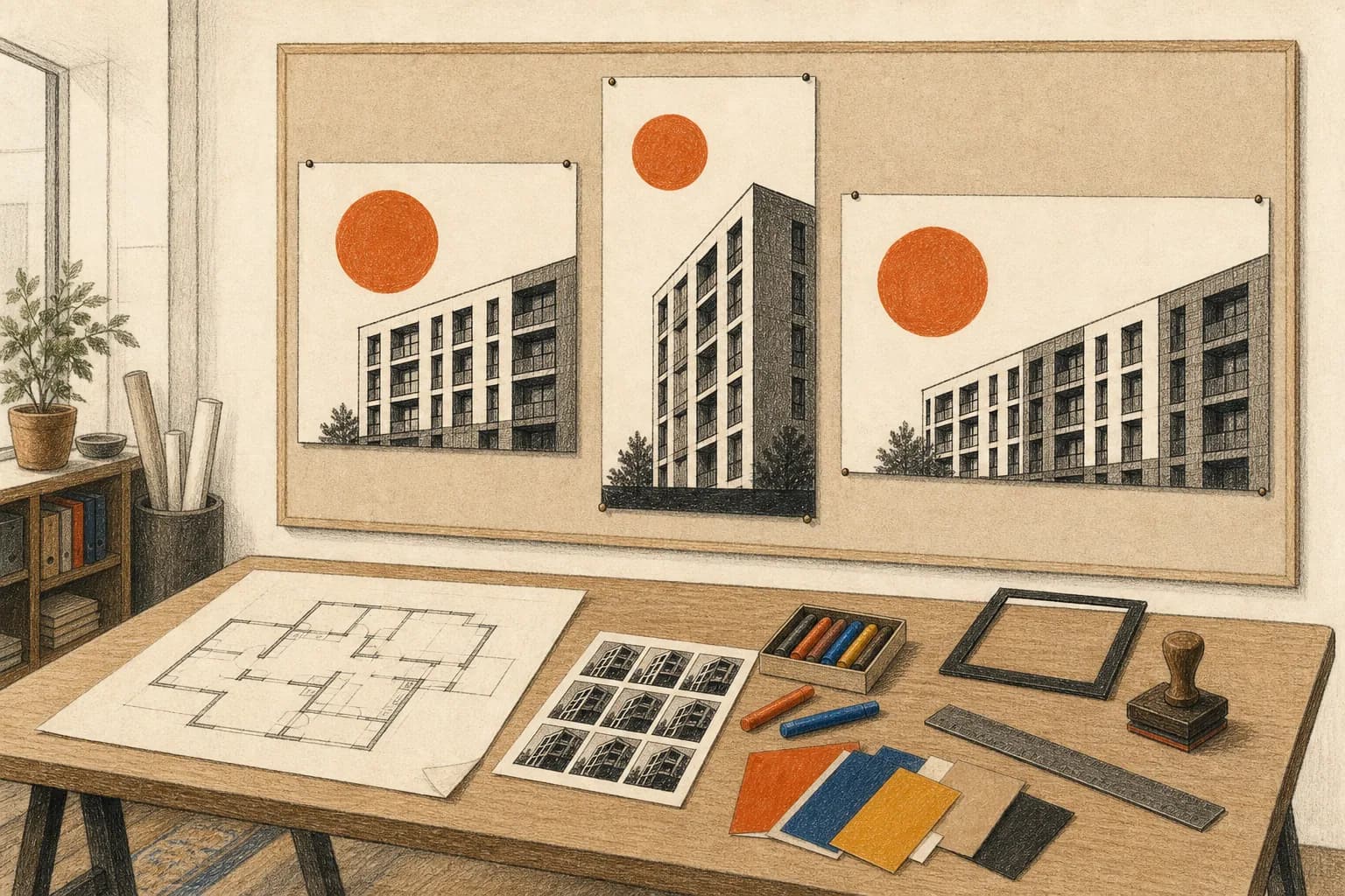 A crayon illustration of a property campaign studio with three coordinated poster formats, floor plans, photo references, color tools, and an approval stamp