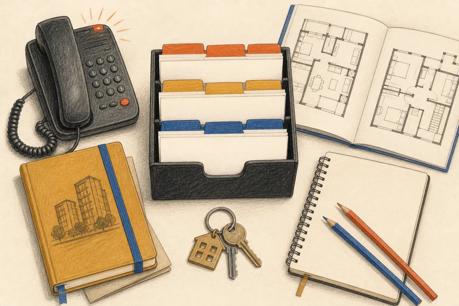 A crayon illustration of a real-estate follow-up desk with a ringing phone, color-tabbed lead organizer, project plans, keys, and callback notebook