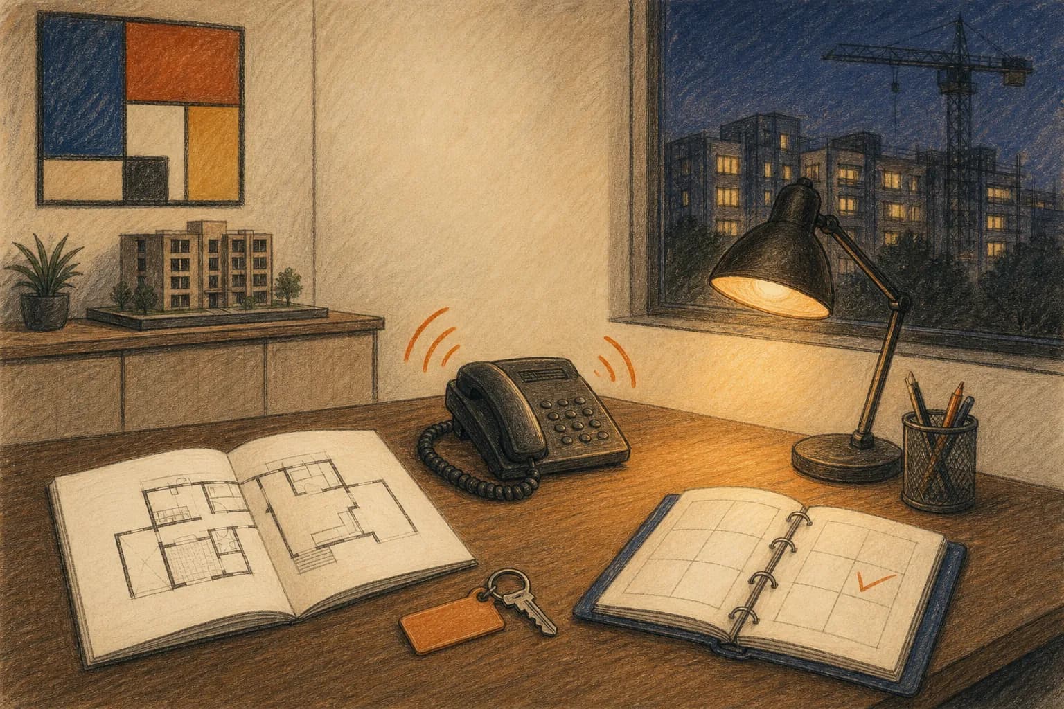A crayon illustration of an empty apartment sales office at night with a ringing phone, project floor plan, keys, visit diary, and the project outside